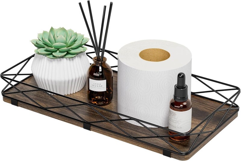 Lixple Toilet Paper Basket Holder, 13" Bathroom Tray Countertop, Wood and Metal Toilet Tank Tray Bathroom Vanity Organizer for Toiletry, Kitchen Sink Organizer for Soap Dispenser (Brown+Black) - Image 1